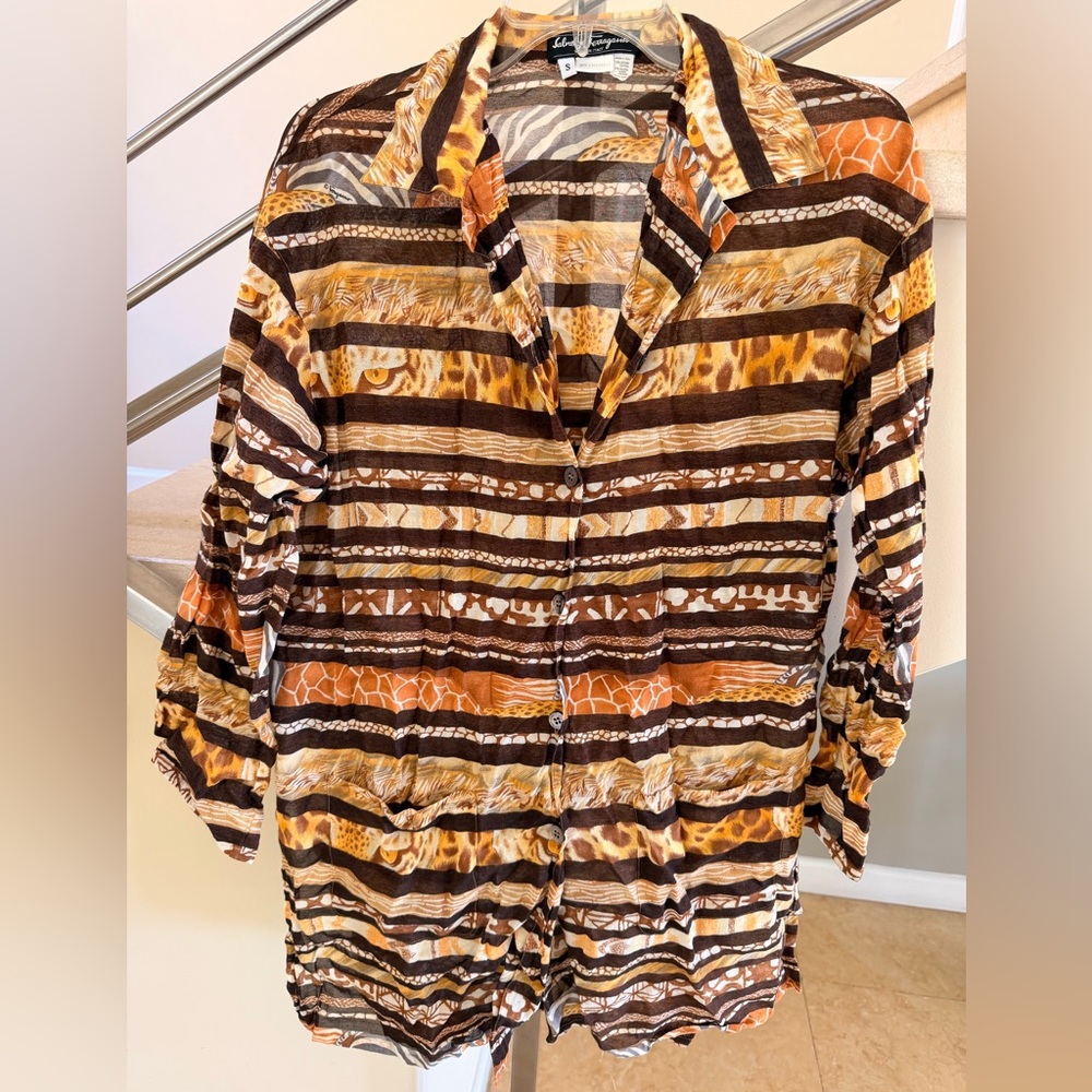 Vintage Salvatore Ferragamo Brown, Tan and Cream Animal Print Button-Down shirt - Picture 2 of 9
